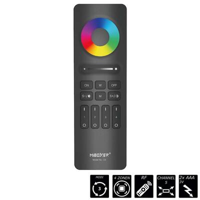RF-2.4GHz HAND REMOTE CONTROLLER RGB+CCT - 4 ZONEN - BUTTON, black