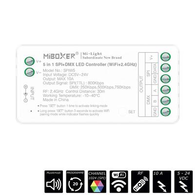 RF-2.4GHz+WiFi SPI/DMX CONTROLLER 5-IN-1, SINGLE / CCT / RGB / RGBW / RGBCCT, 1024 Pixel