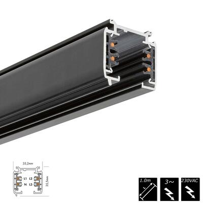 STROMSCHIENE 3-PHASEN 230V, AUFBAU, schwarz, 1m