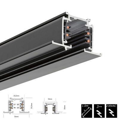 STROMSCHIENE 3-PHASEN 230V, EINBAU, schwarz, 1m